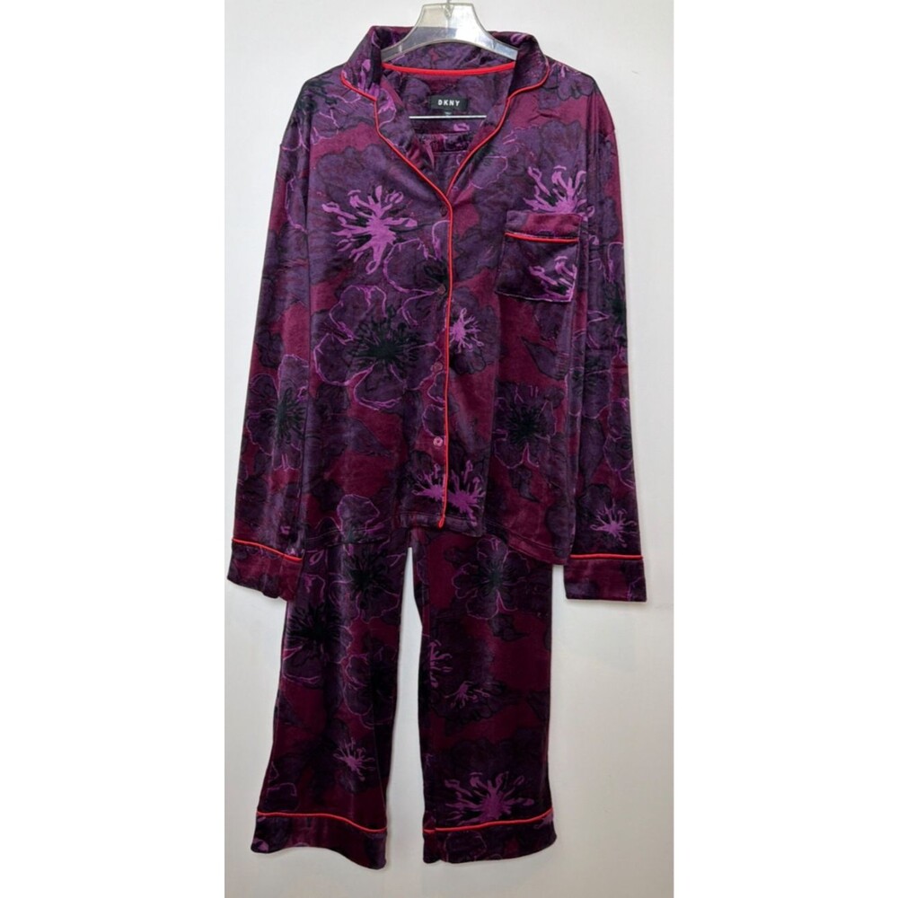 DKNY Women’s M Velour Pajama Set Purple Floral Button Down & Lounge Pants